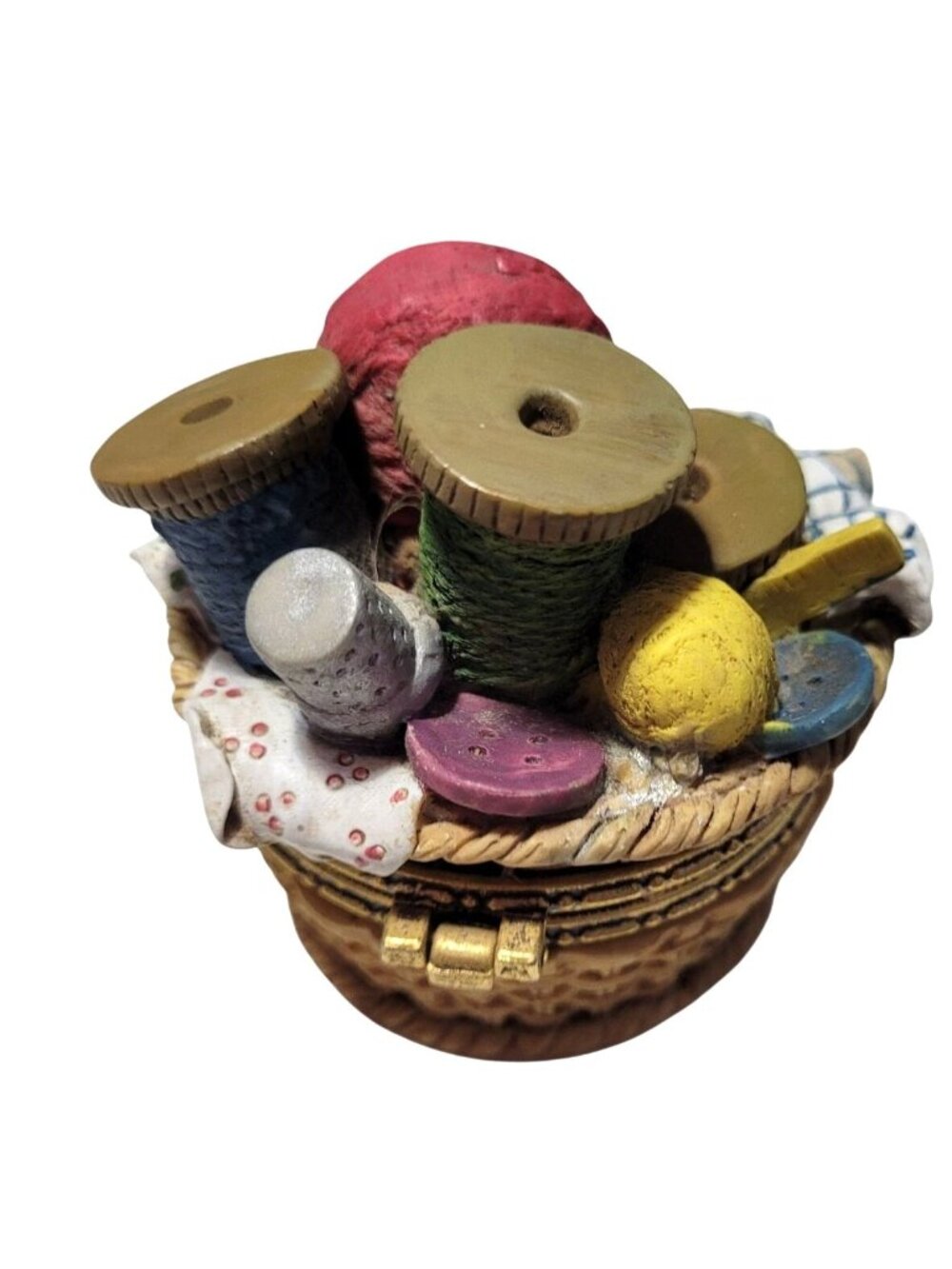 Handmade Silvestri‎ Sewing Basket Trinket Box With Yarn Spools & Fabric Detail